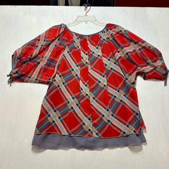 Freeway Women’s Plaid Sheer Blouse Red Gray Tie Sleeve Scoop Neck Size M USA - Picture 6 of 10